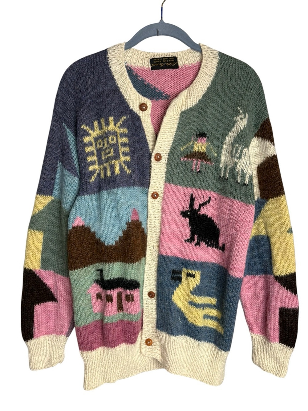 Vintage alpaca hand knit cardigan sweater color block grannycore